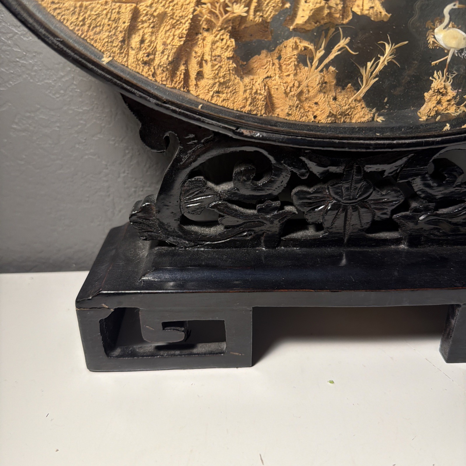 VTG Chinese Hand Carved Cork Diorama Shadow Box Asian Art Pagoda Cranes Trees
