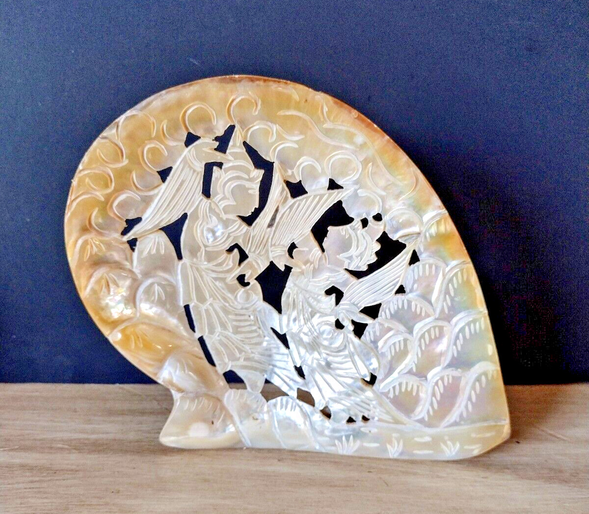 Hand Carved Mother of Pearl Shell Plaque Asian Dancer Abalone Seashell Carving 5