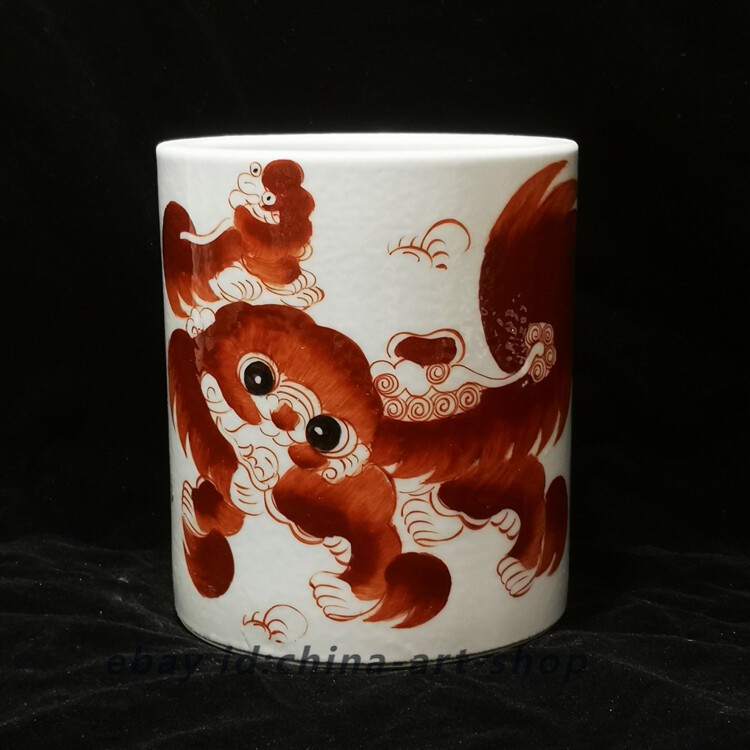 5.5″ Good Chinese Jingdezhen Alum Red Glaze Porcelain Foo Fu Dog Lion Brush Pots