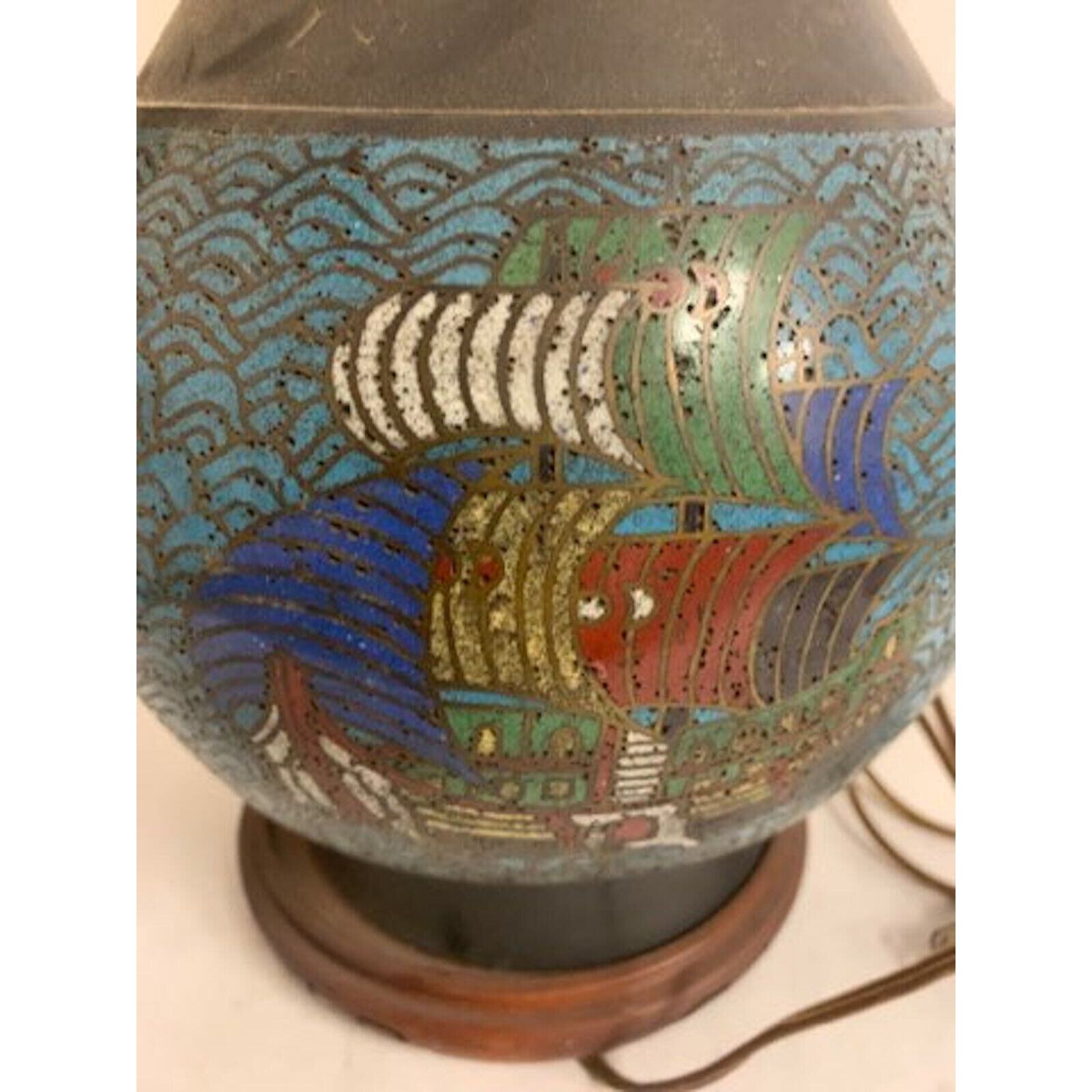 LARGE ANTIQUE CHINESE CHAMPLEVE CLOISONNE Enamel Bronze Vase Table Lamp Boat …