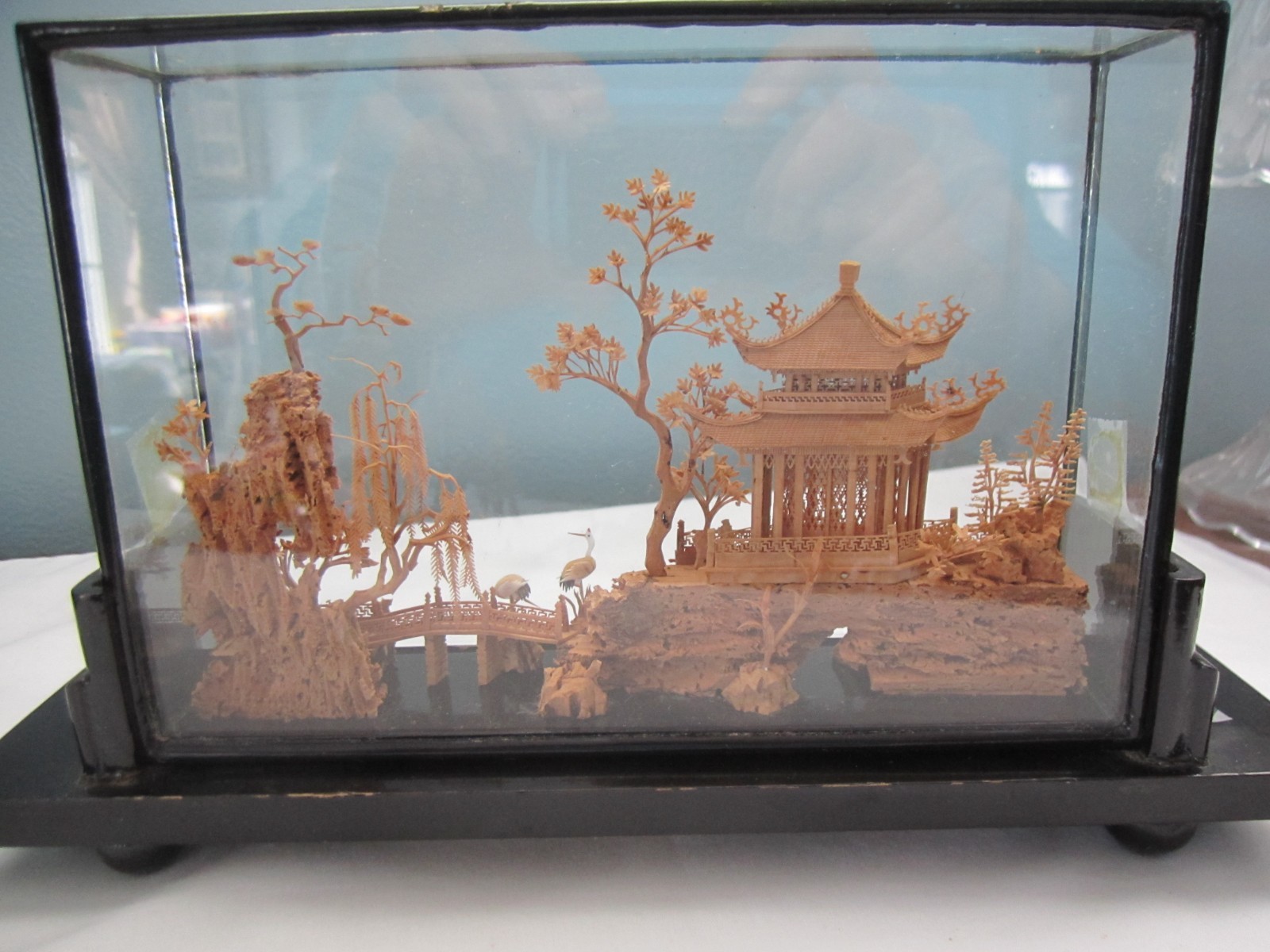 Vintage Hand-Carved Chinese Cork & Wood Diorama Encased In Glass & Wood Stand