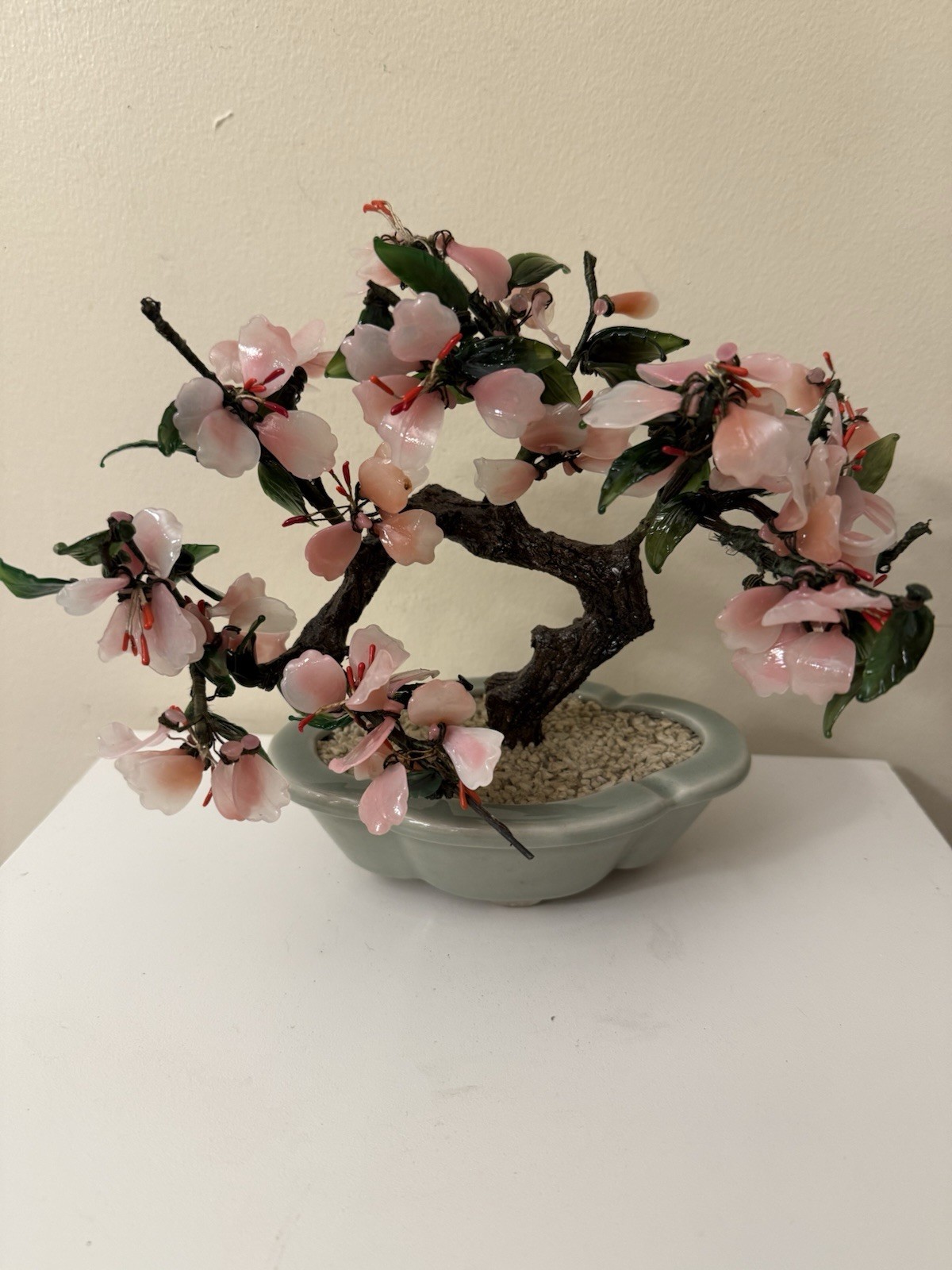 Vtg Asian Jade Glass Flowering Pink Cherry Blossom Bonsai Tree Ceramic Pot 8×9”