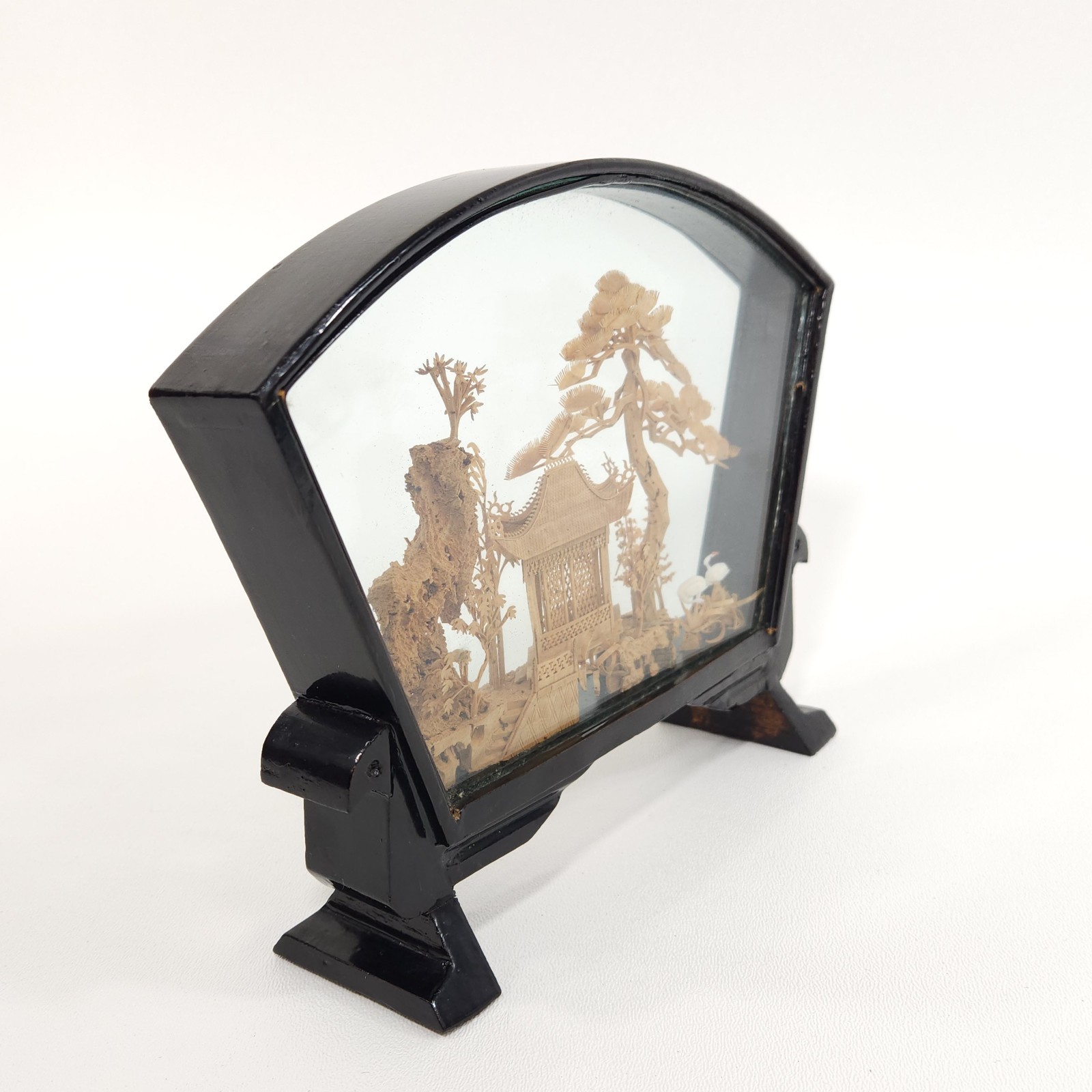 Vintage Chinese Diorama Cork Carving Glass Case Pagoda Trees Cranes