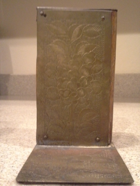 Vintage Asian Oriental Bookends Carved Wood and Etched Brass