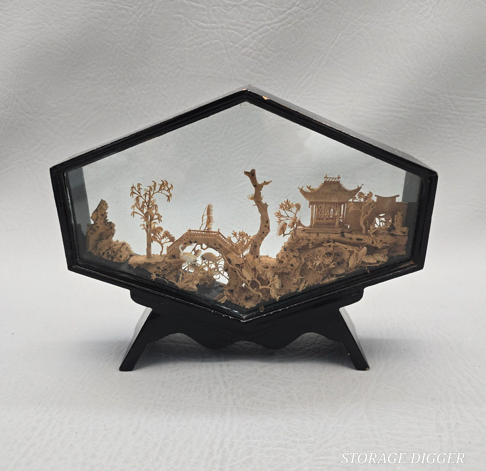 VTG Chinese Hand Carved Cork & Wood Diorama In Hexagon Glass & Wood Display