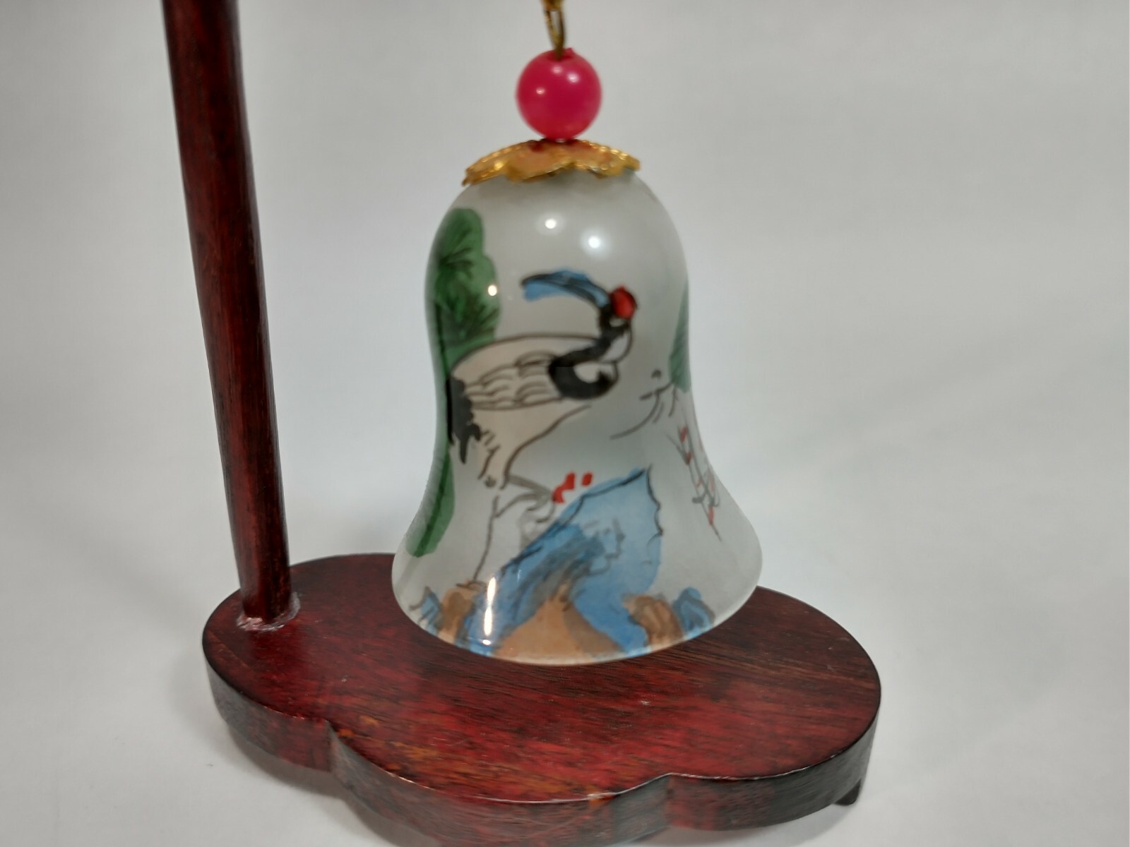 Chinese Asia Reverse Painted Glass Bell w/ Wood Dragon Stand Crane Birds Design