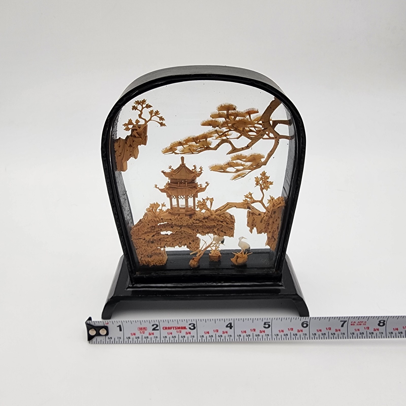 VTG San You Chinese Carved Cork Glass Black Lacquer Wood w/ Cranes Pagoda Trees