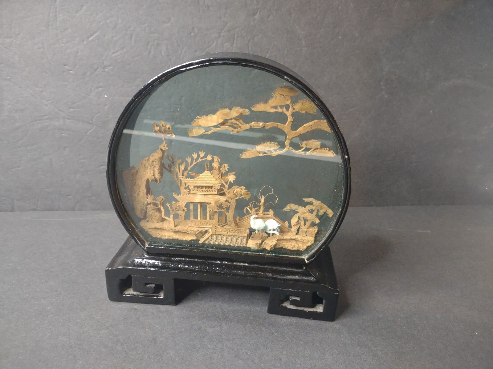 Vintage Chinese SAN YOU Diorama Cork Art Pagoda Trees Cranes Archway