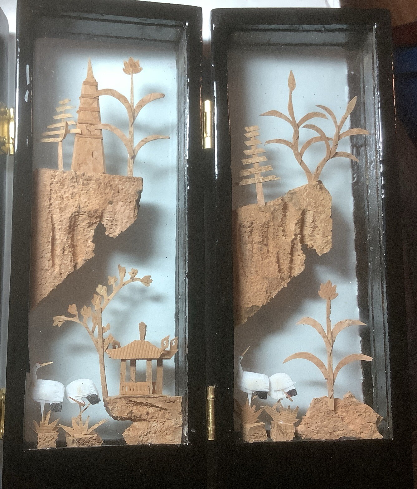 Chinese Asian Carved Cork Art Diorama Folding Glass Table Decor Black Frame VTG