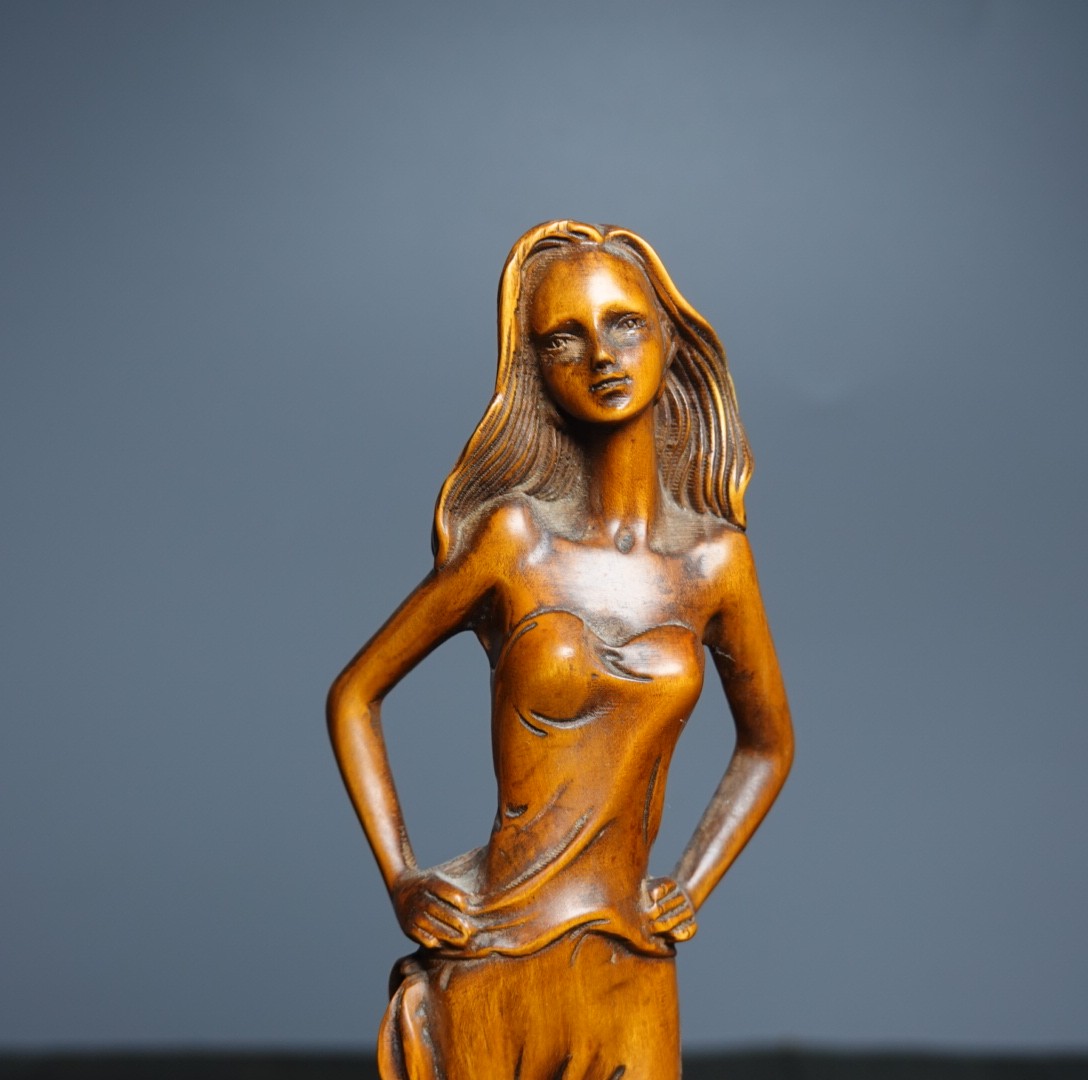 8.7″ Collect China Box-wood Carving Elegant Lady Beauty Modern Art Sculpture