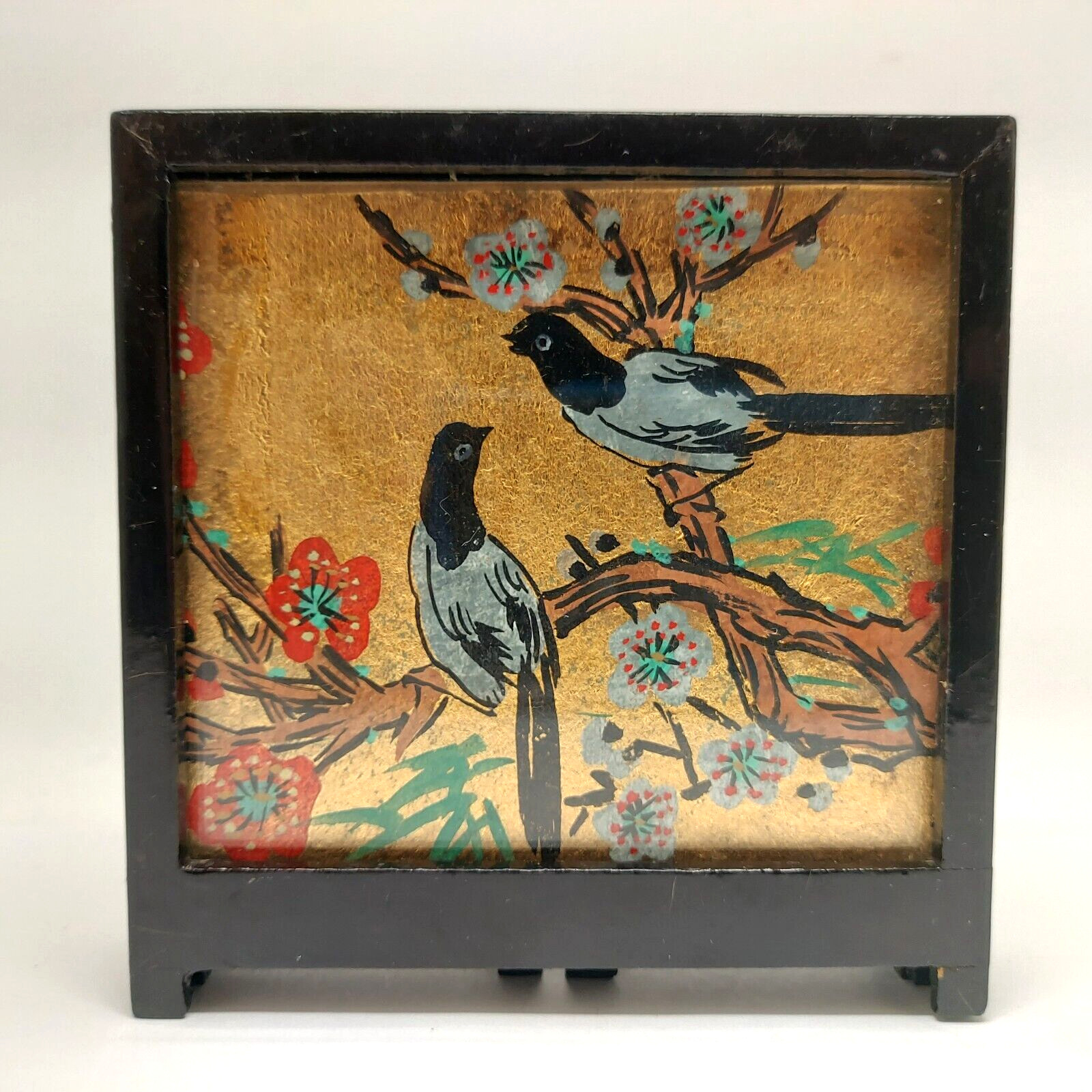 2 Vtg Small 3 Panel Table Top Screens Hand Painted Silk Cranes Birds Flowers