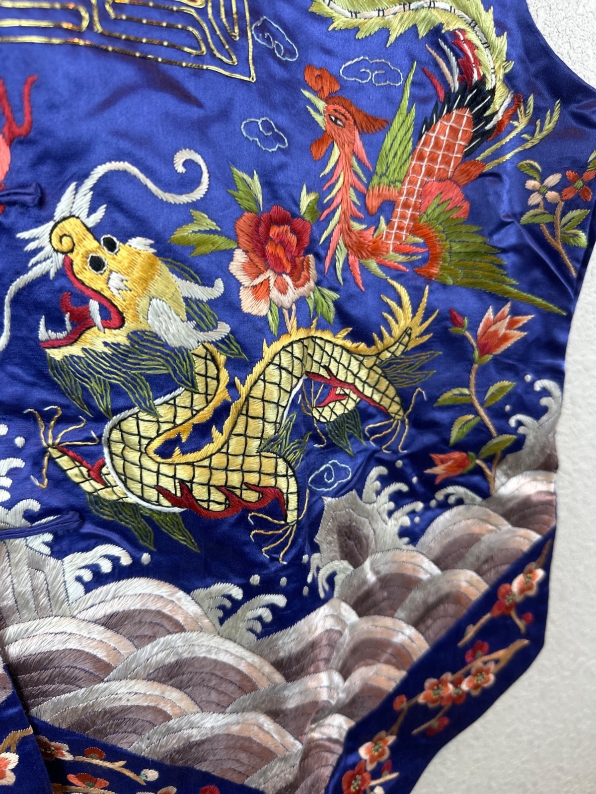 Vintage Dunhuang Fully Embroidered Chinese Dragon Crane Vest Blue M/L Oriental