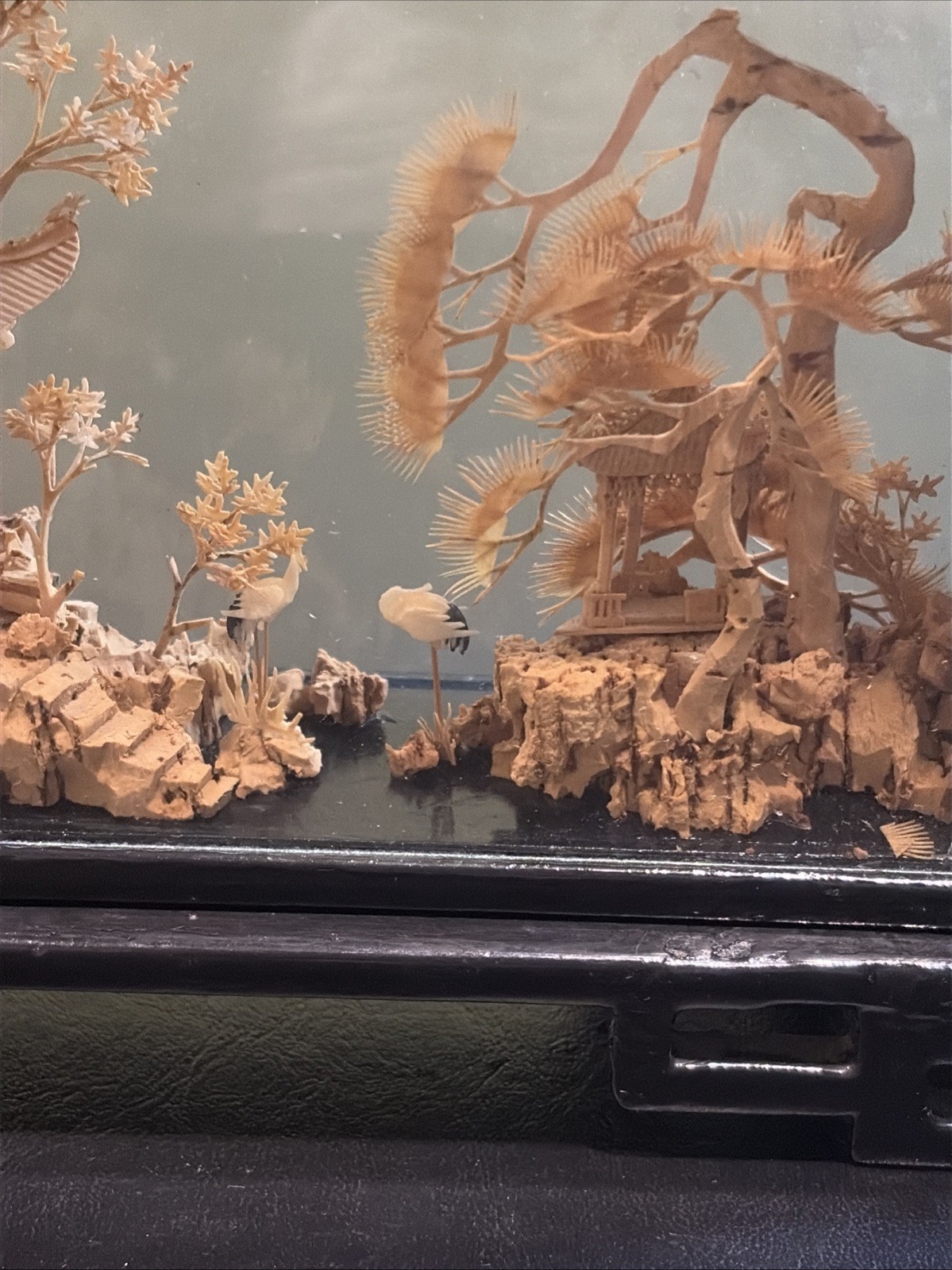 Vintage Chinese Hand Carved Cork Diorama with birds Framed Glass Wood