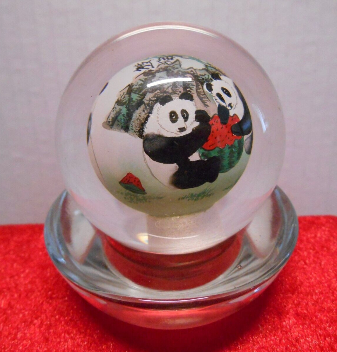 Chinese reverse painted Glass Ball Sphere Orb PANDA BEAR paperweight w/Stand