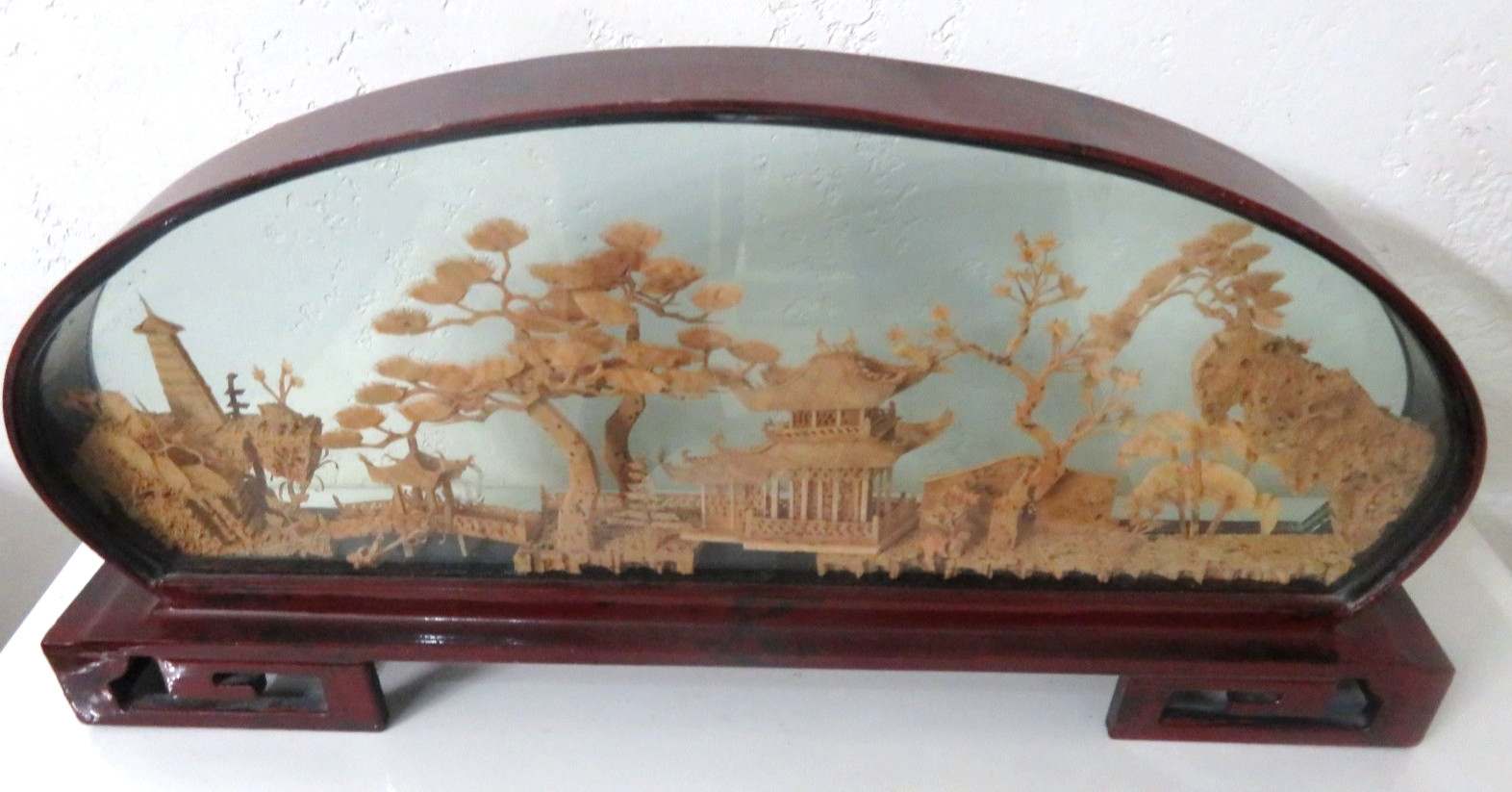 Vintage Chinese Cork Hand Carved Diorama-Pagoda/Trees/Cranes 19” X 11”