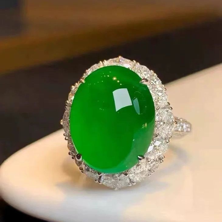 Natural Ice Type Jade Cabochon Ring Pendant Myanmar Bright Green Jade Unisex