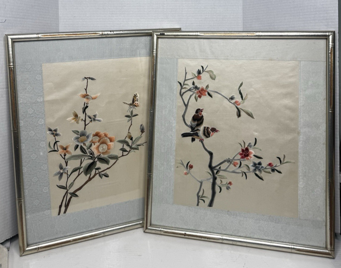 Pair Set Vintage Chinese Asian Embroidered Silk Framed Birds / Butterfly Floral