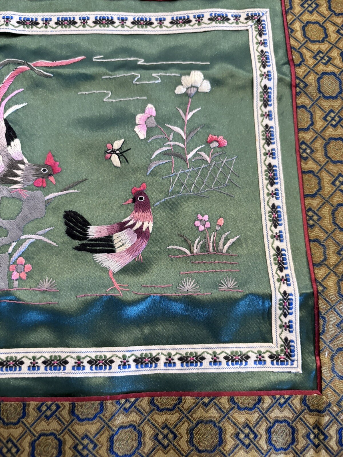 Vintage Chinese 100% Silk Embroidered Textile w/ Chicken And Rooster
