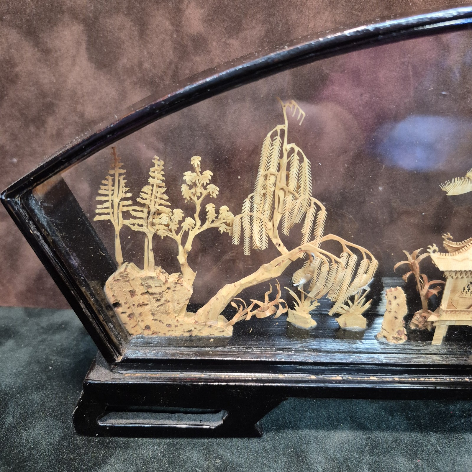 Vintage Chinese Cork Art Diorama Cranes Pagoda Trees Hand Carved in Glass Case