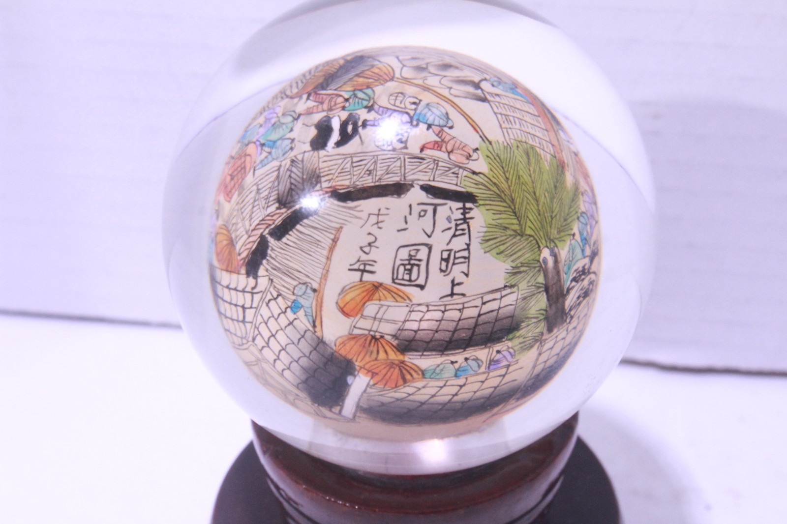 Qingming Festival River Map Reverse Hand Painted Glass Ball W Stand Paperweight