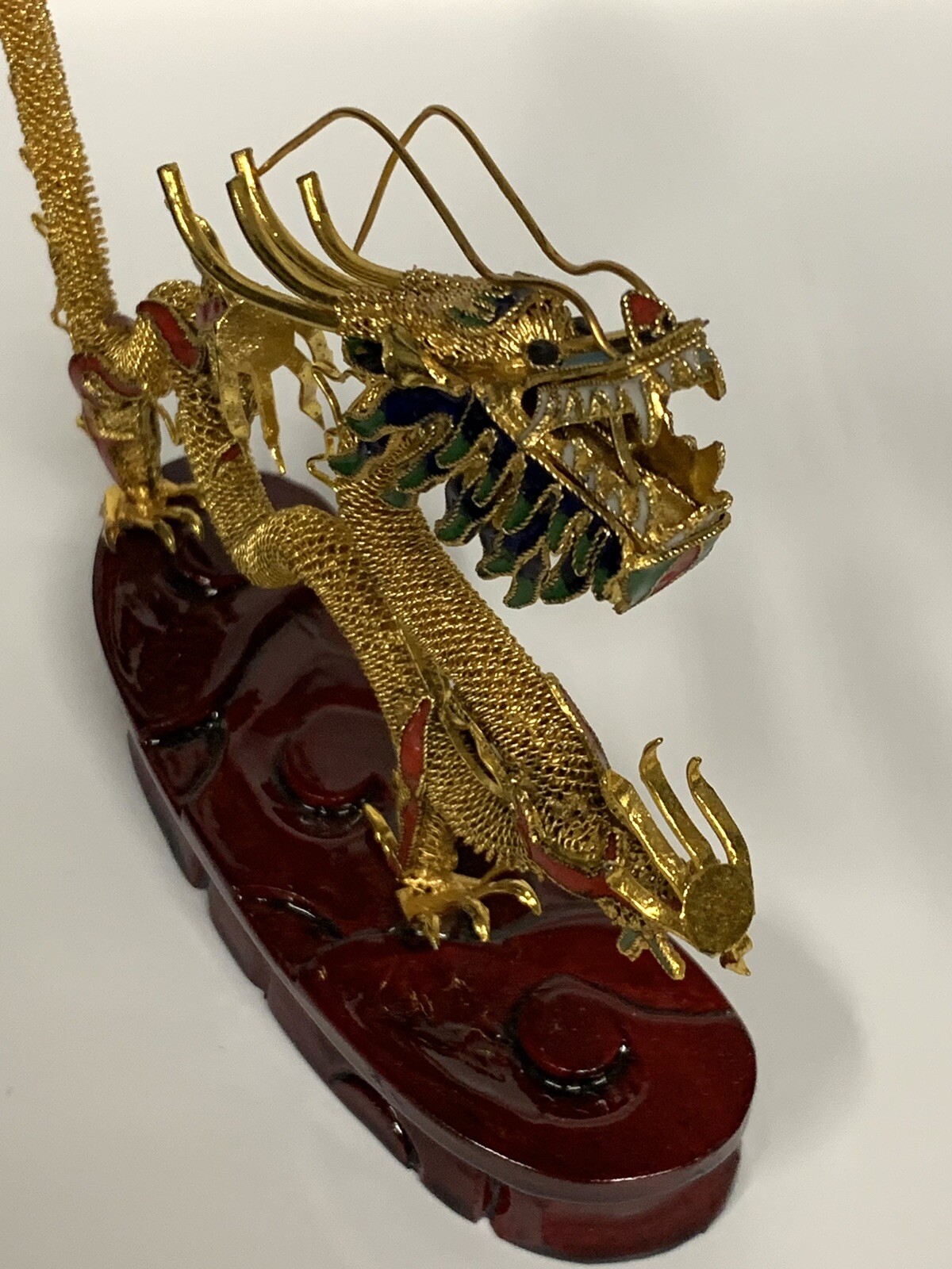 Chinese Brass Filigree Dragon Wooden Stand Gold Red Green Color 4.5”x 5”
