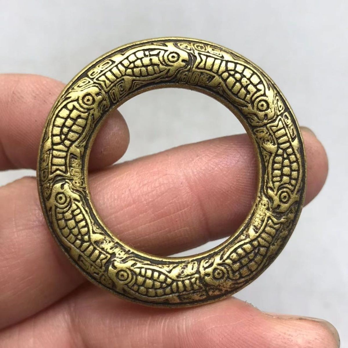 Antique Embossed Fish Circle Auspicious Wealth Abundance Lucky Amulet Token