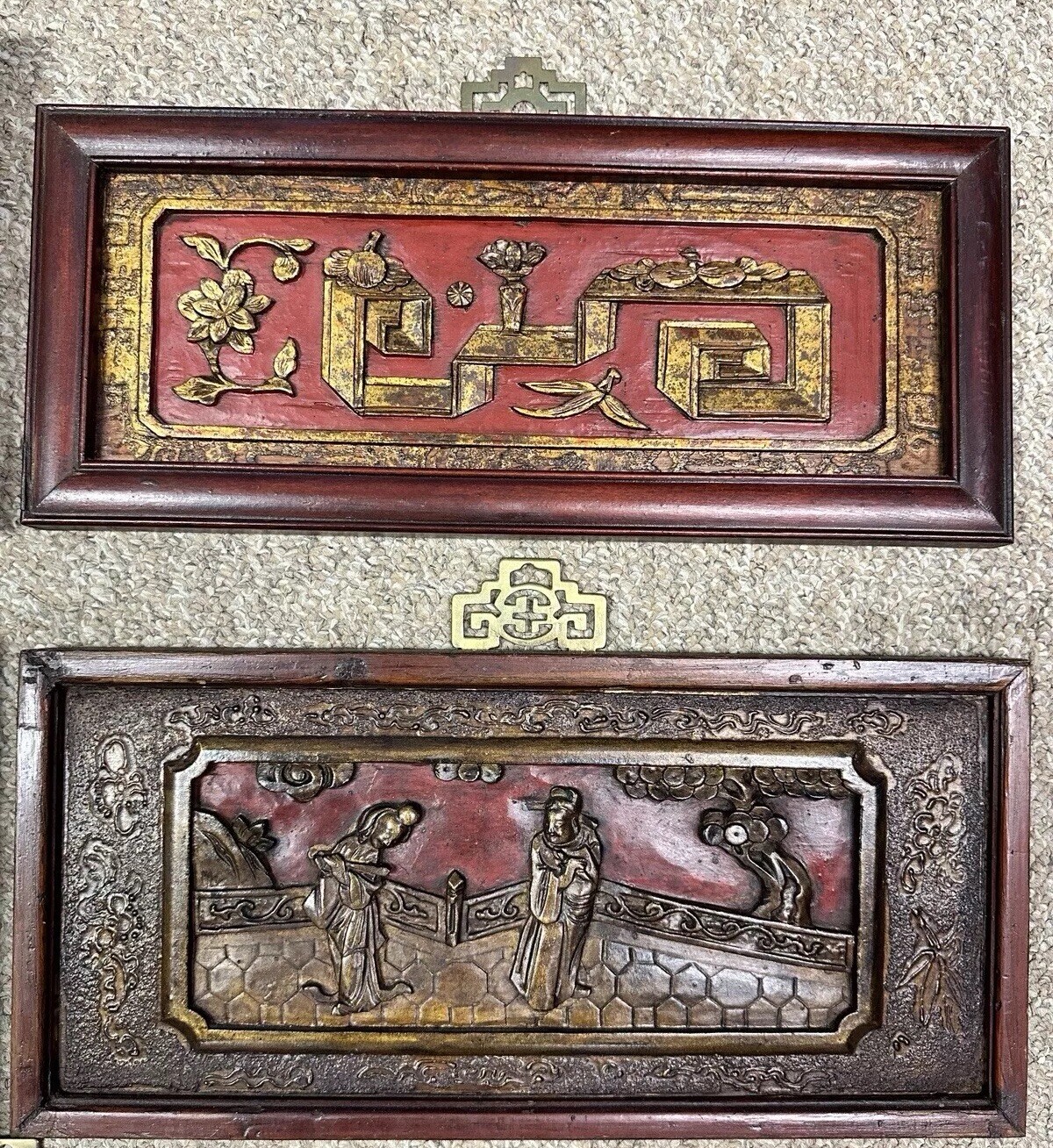 Lot of 5 Asian Chinese Hand Carved Painted Wood Panels Wall Hangings Décor