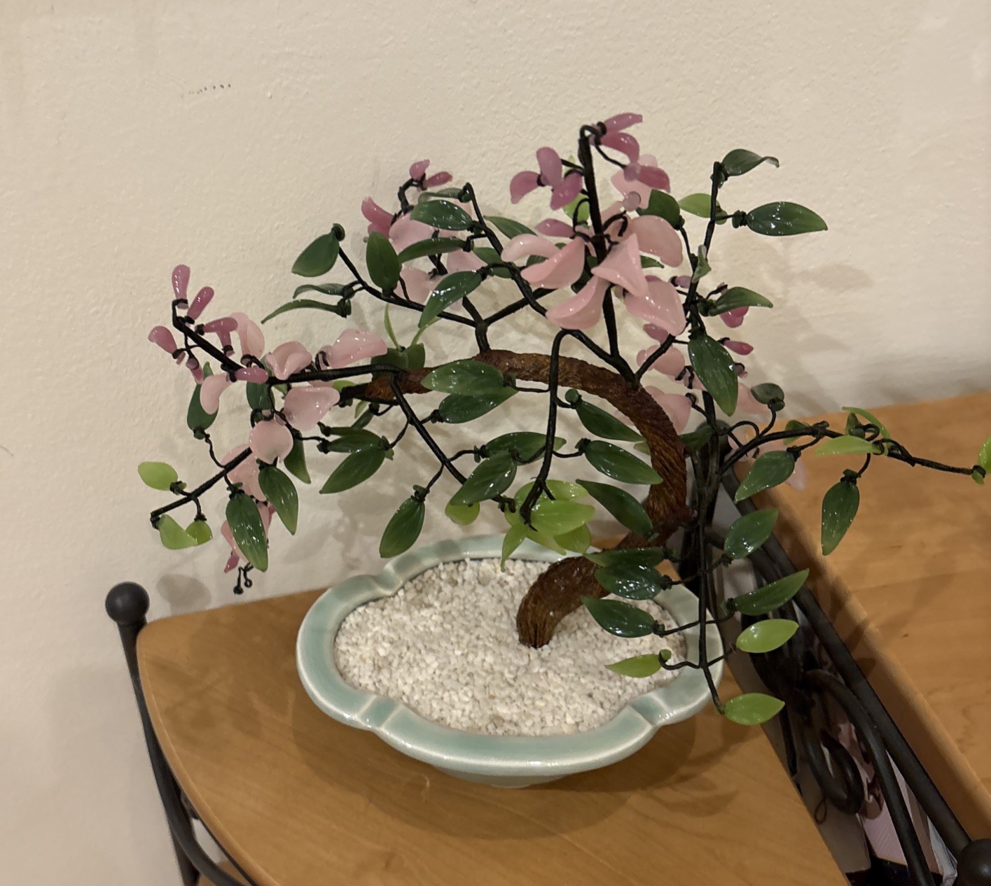 JADE BONSAI TREE CHINESE GLASS ASIAN FLOWERS in pot Approx 11” W X 10”T