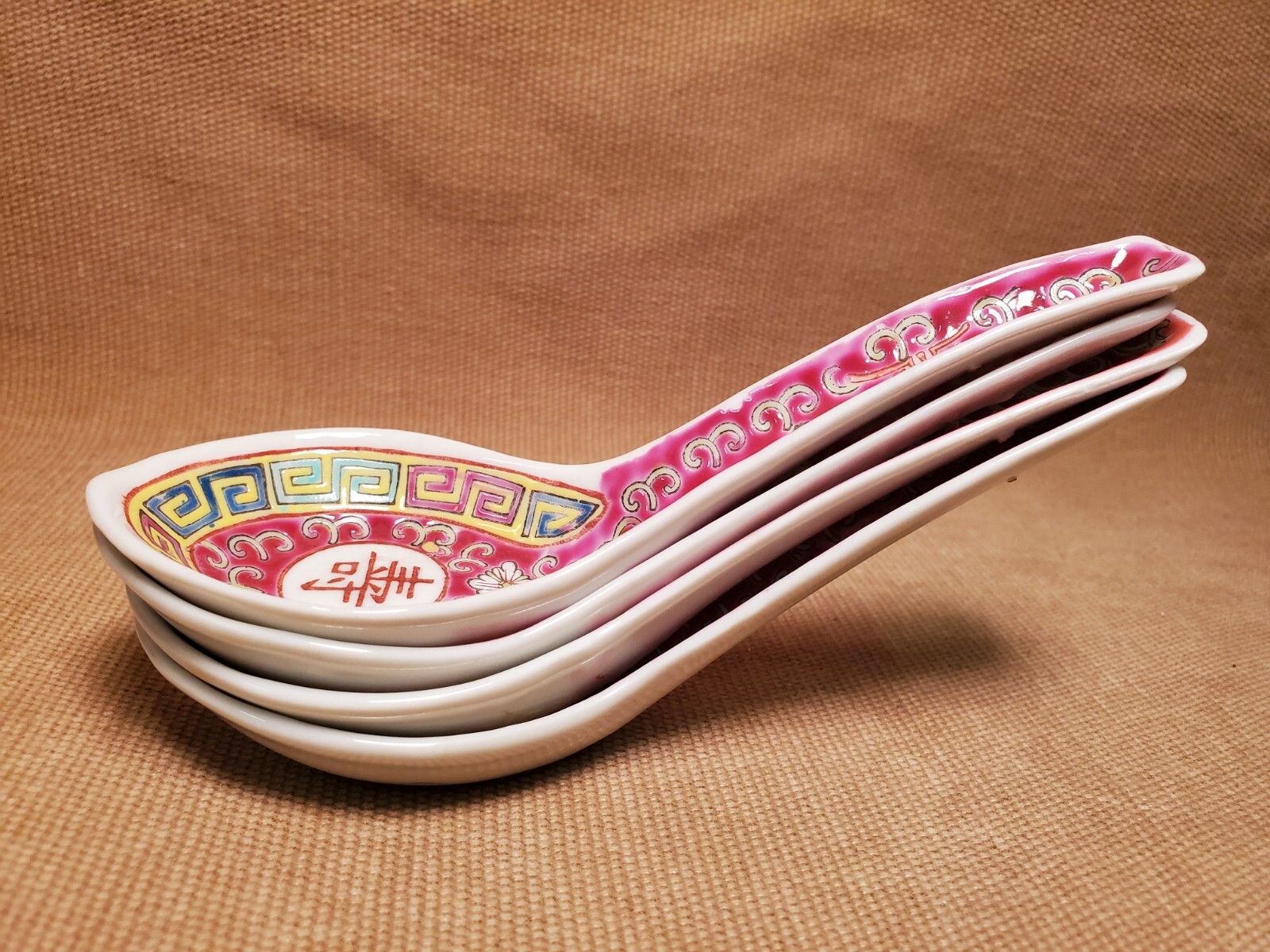 4 Spoons – Red Mun Shou 5.5″ – Chinese Porcelain – Longevity Pattern