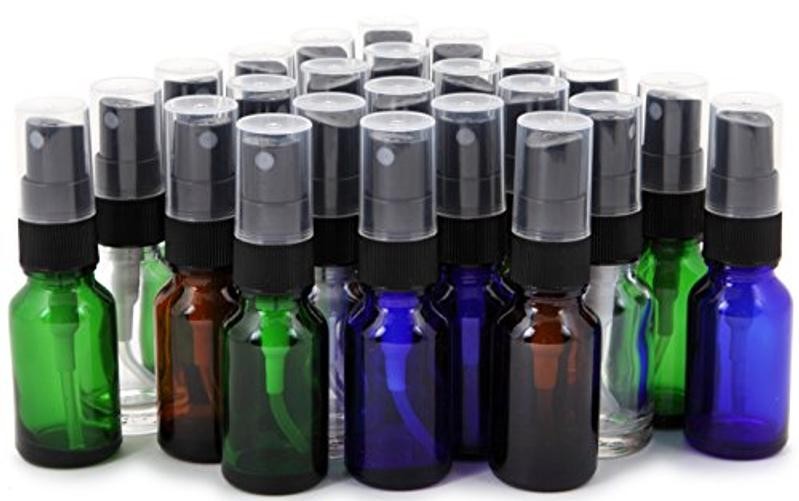 , 24, Assorted Colors, 15 ml (1/2 oz) Glass Bottles, with Black Fine Mist