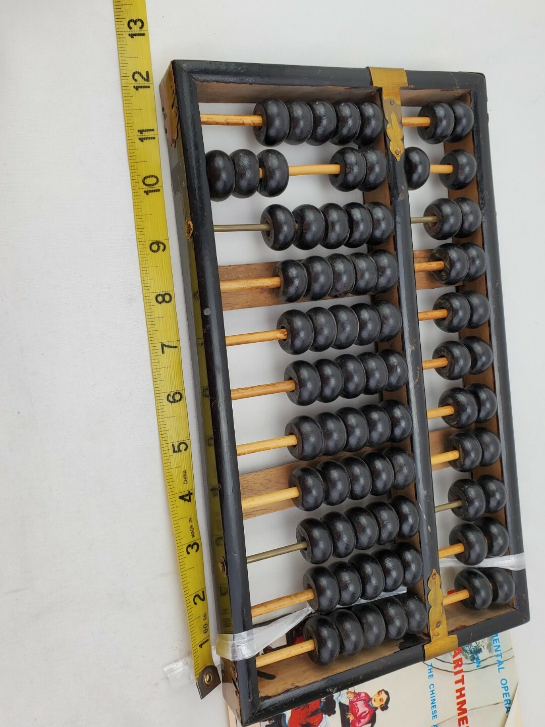 Vtg Abacus Lotus Flower Black Lacquer Wooden Brass 11 Rods 77 Beads Booklet 60s