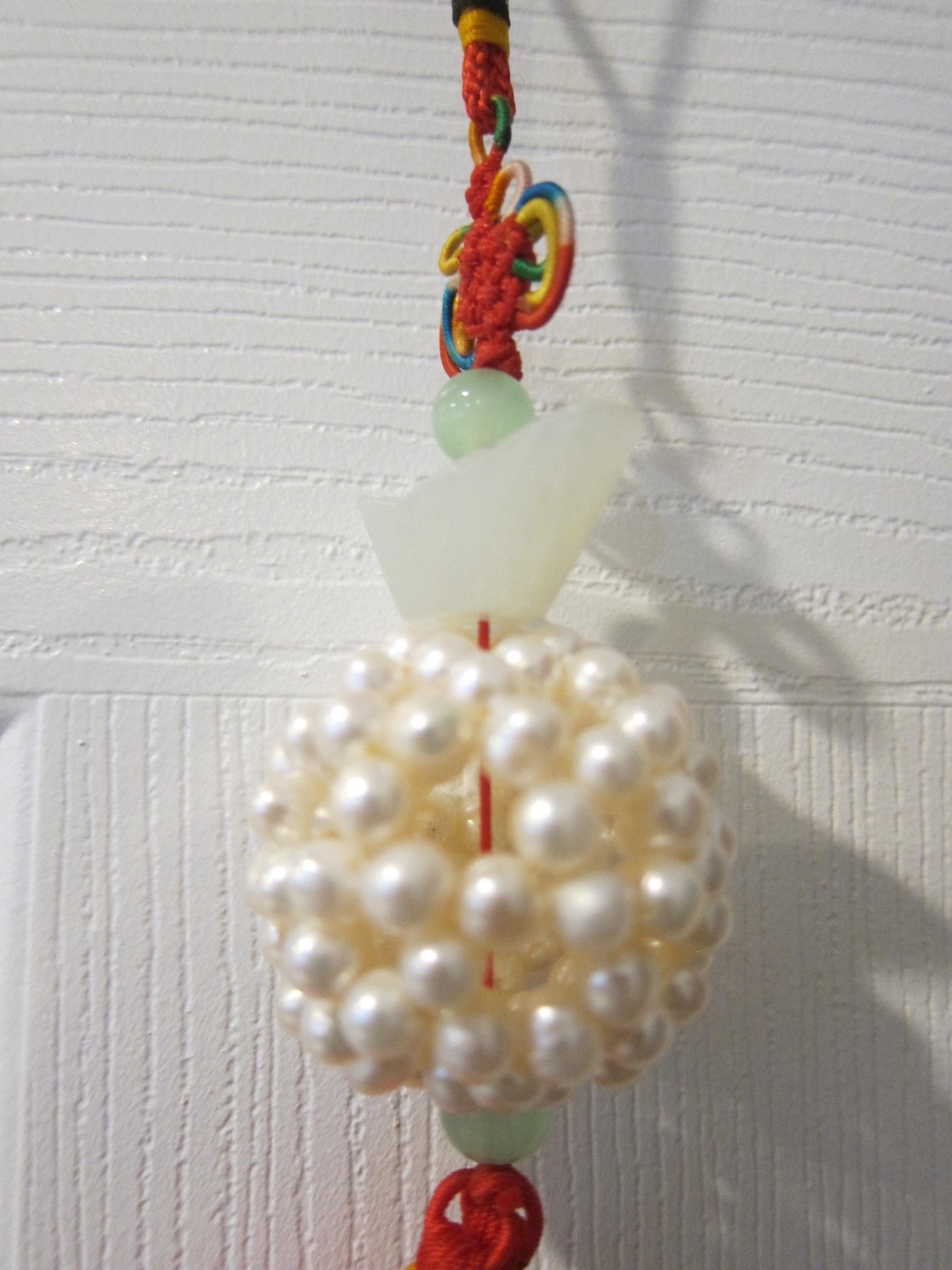 Jade and Natural Pearl Chinese Asian Red Tassel Pendant Feng Shui Lucky Charm