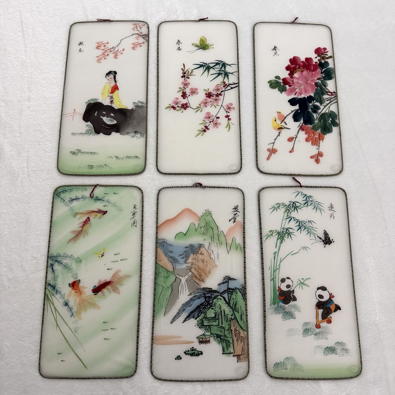 Vintage Chinese Painted Silk Panels Wire Frame Butterfly Koi Flowers Pandas Lady