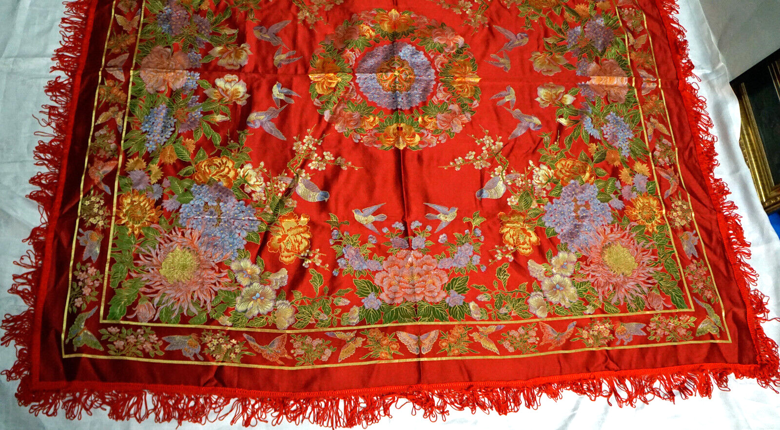 Vintage Silk Brocaded Flowers China Tapestry or Table Cloth Vivid Colors