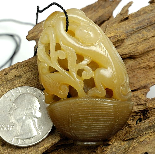 Natural Hetian Nephrite Jade Carving Pendant Monkey Flower Basket w/ Certificate