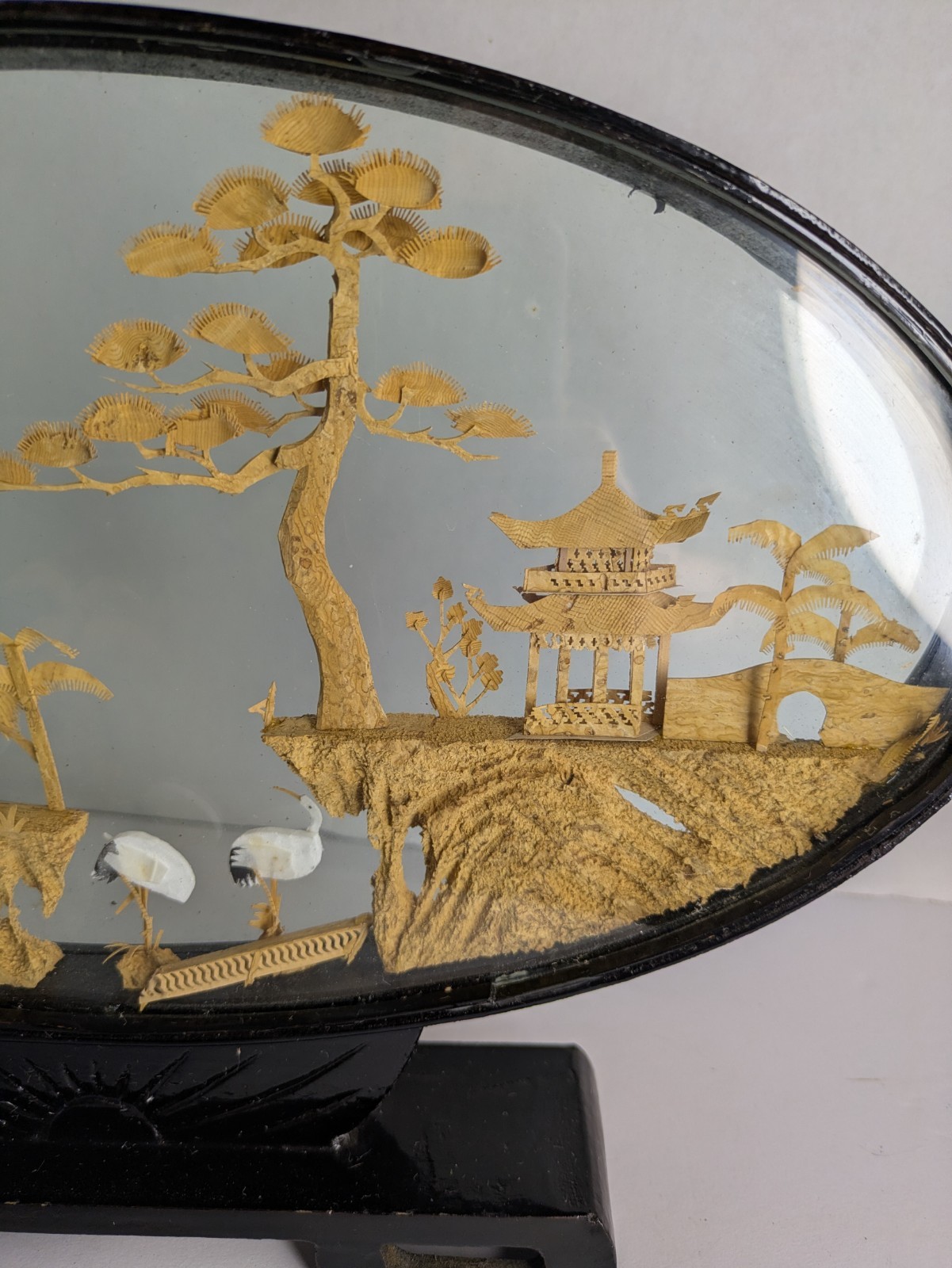 Vintage Chinese Cork Carving Diorama Encased Hand Carved Wood Pagoda Panda Bears