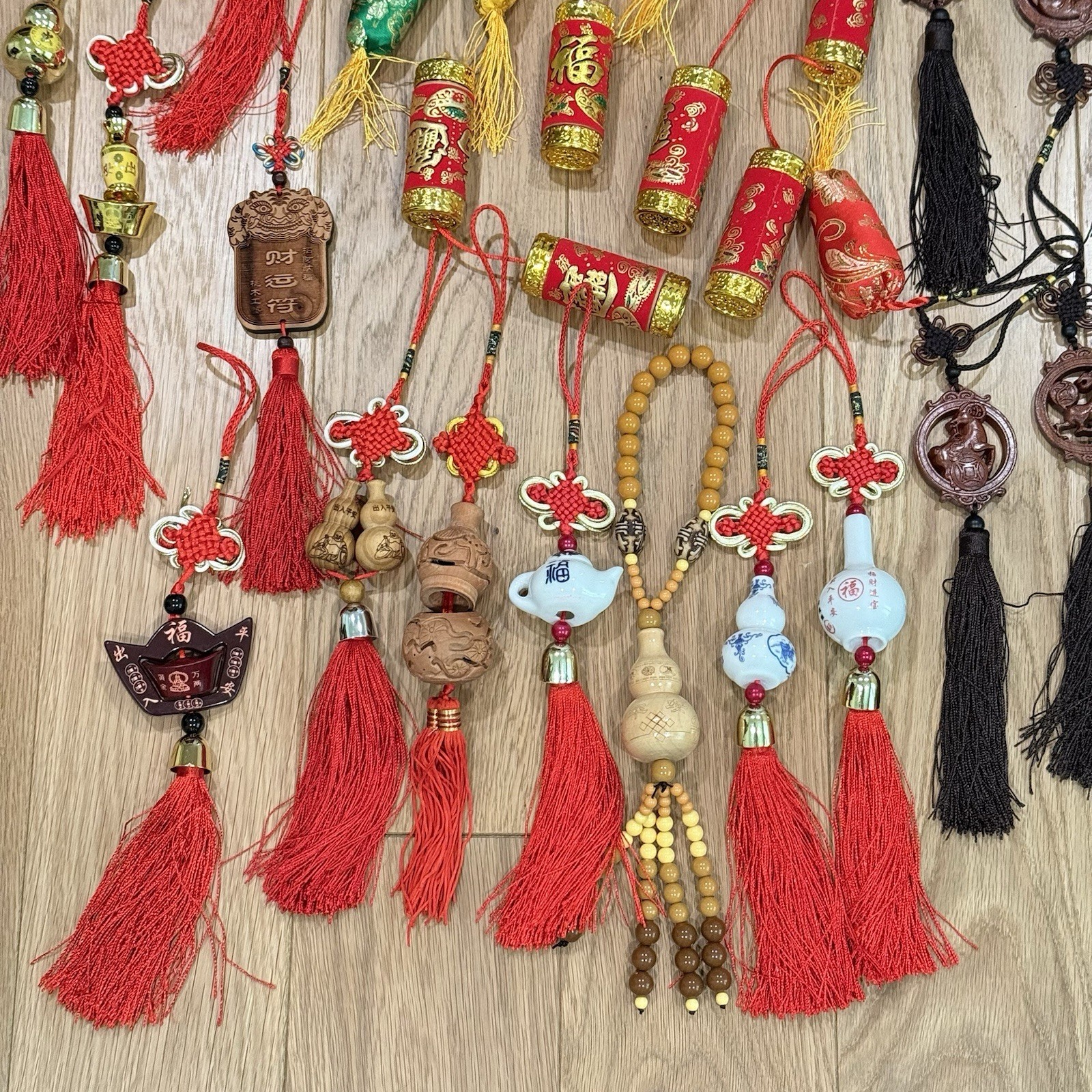 LOT OF Chinese Asian Good Luck Wall Hanging Wood Carve Porcelain Ornament Tassel