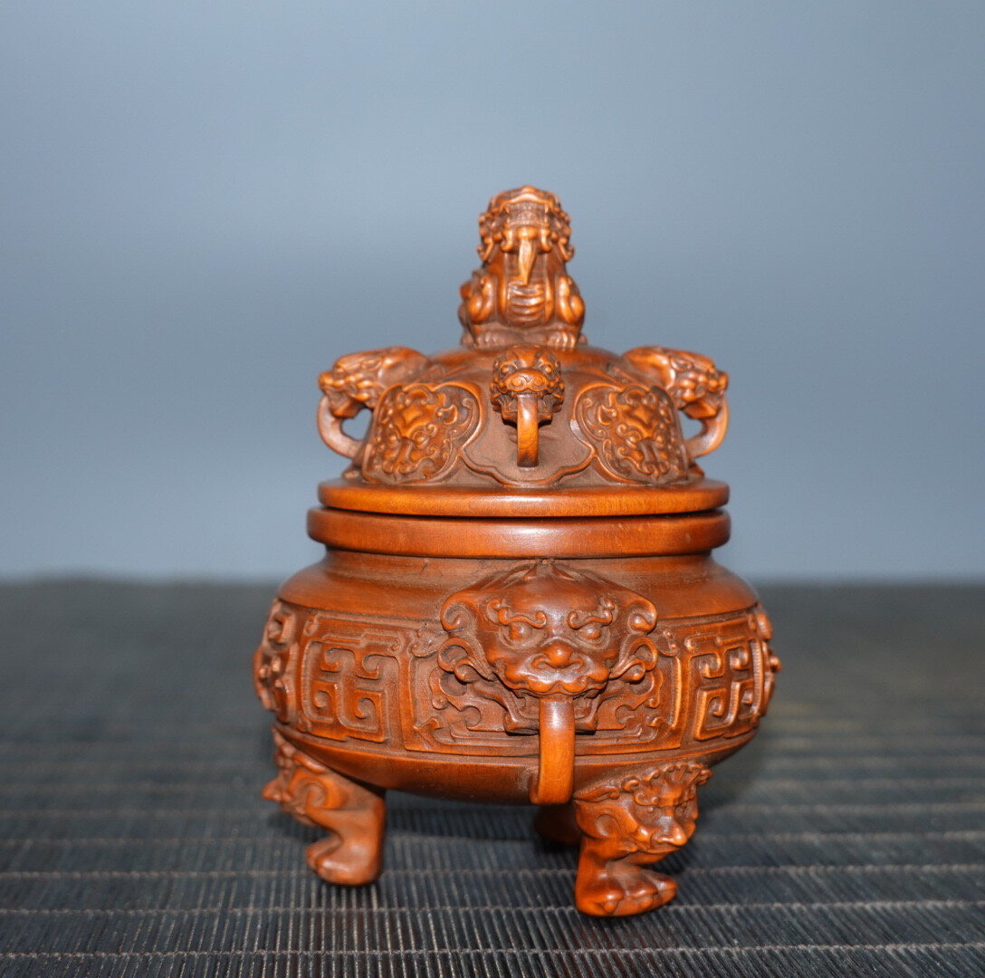 4″ Collect China Box-wood Carving Animal Foo Fu Dog Guardion Lion Incense Burner