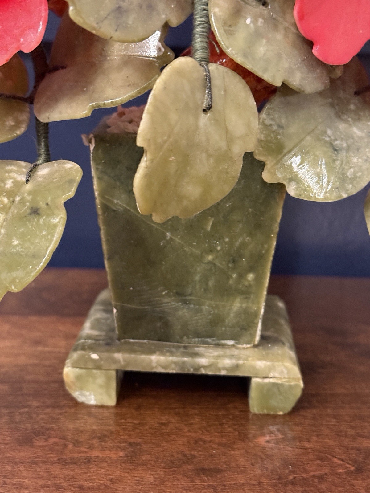 Vintage Jade Bonsai Tree Carved Red Hibiscus Flowers High Blossom 12.75” Tall