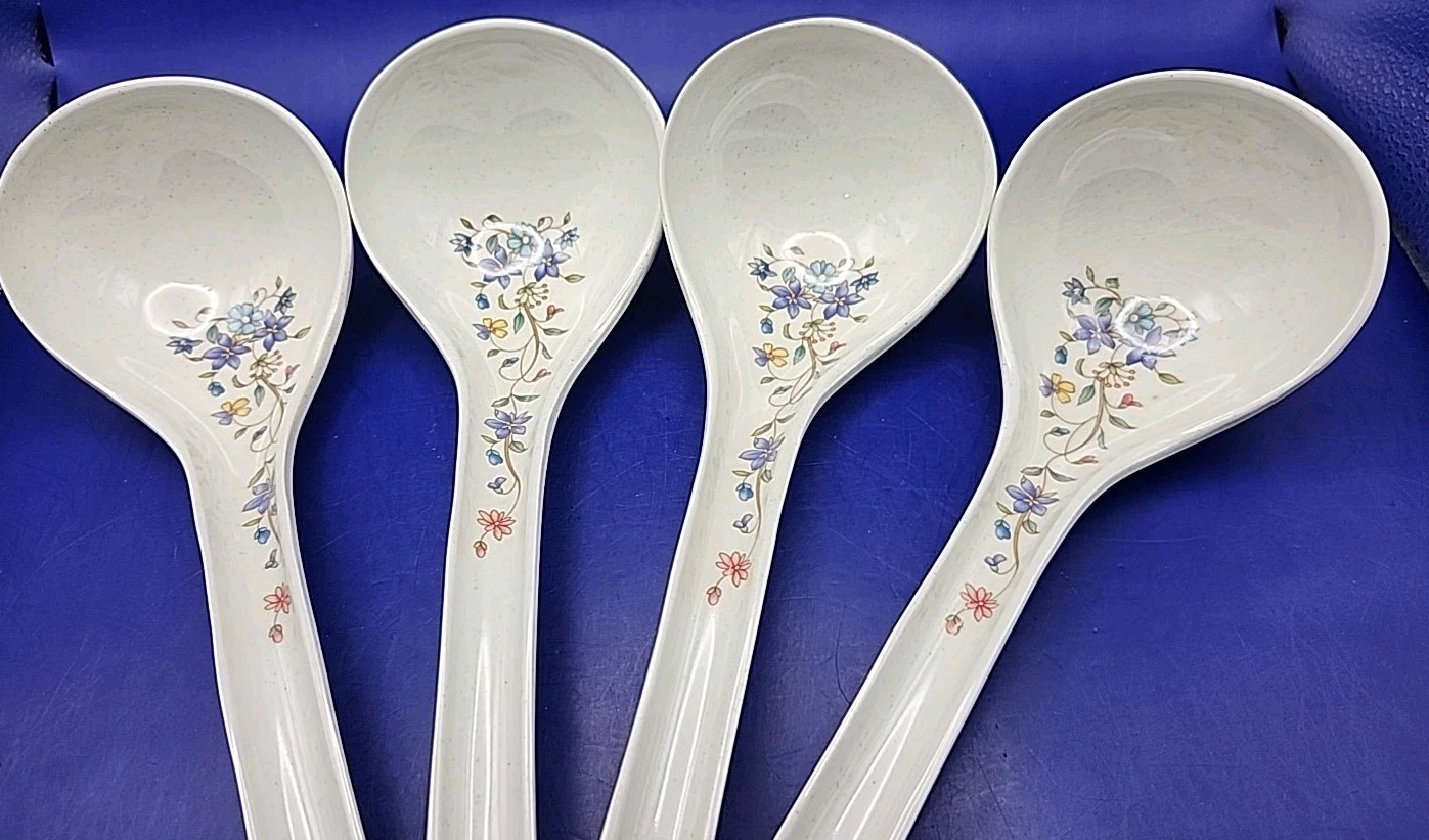 Melamine Asian soup spoons LADLES Lot of 4 9in Flowers NICE