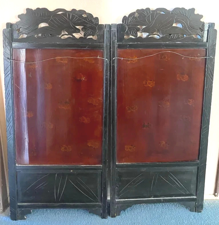Vintage Black Lacquer &Mother of Pearl Japanese? Asian Art 2 Wall Panels 36″x17″
