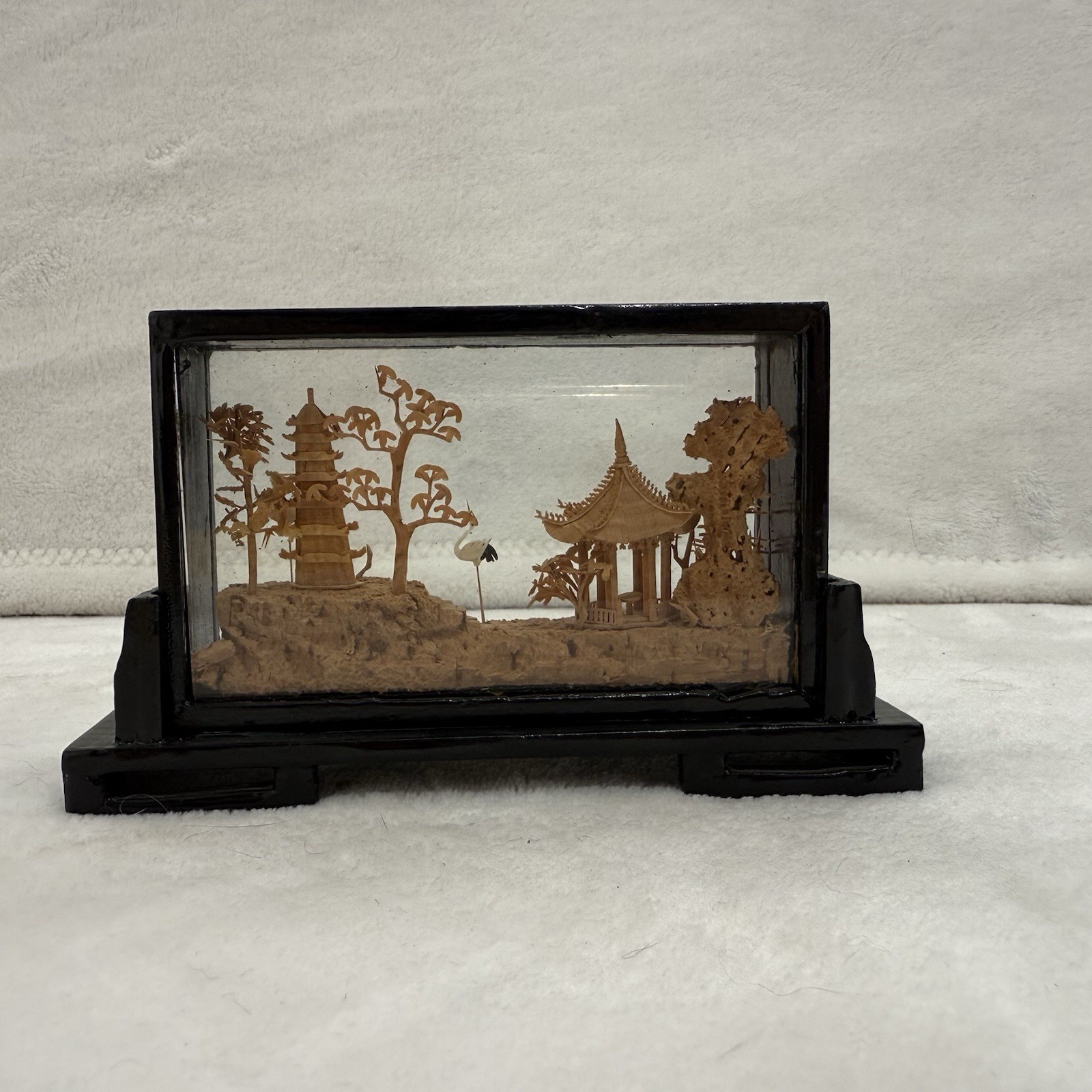 Vintage Chinese Hand Carved Cork Diorama Decoration Birds Framed Glass Wood