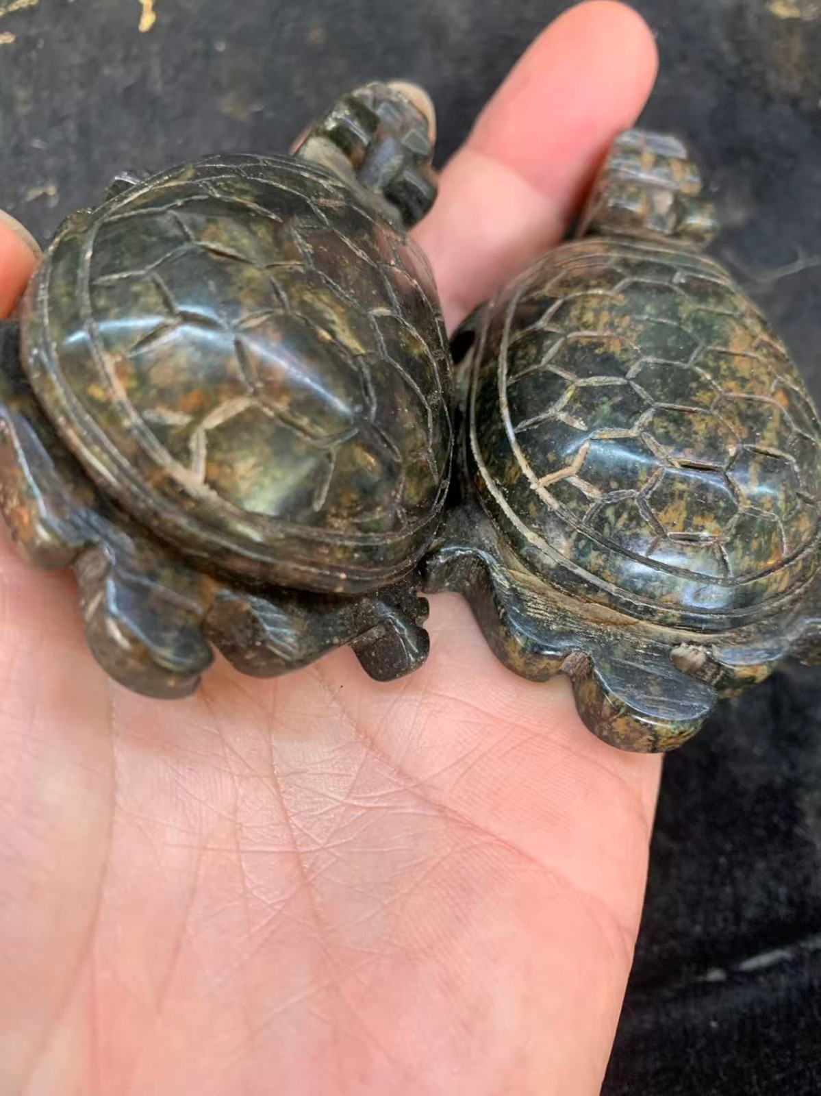 2Pcs Wonderful Chinese Old Jade Hand Carved *Legendary Dragon-Turtle* Statues