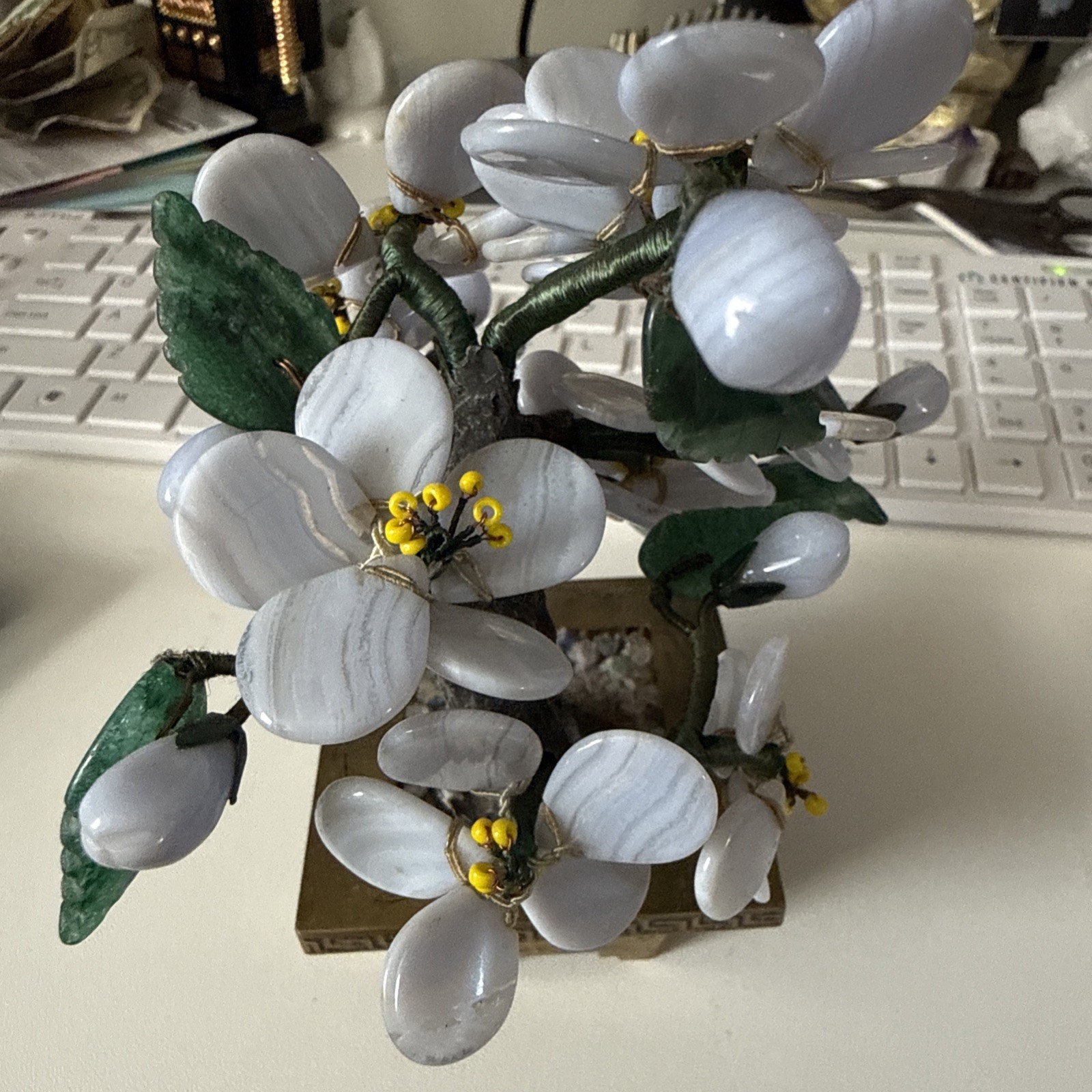 Blue Lace Agate 1950’s Vintage Stone Flower Tree With Brass Pot