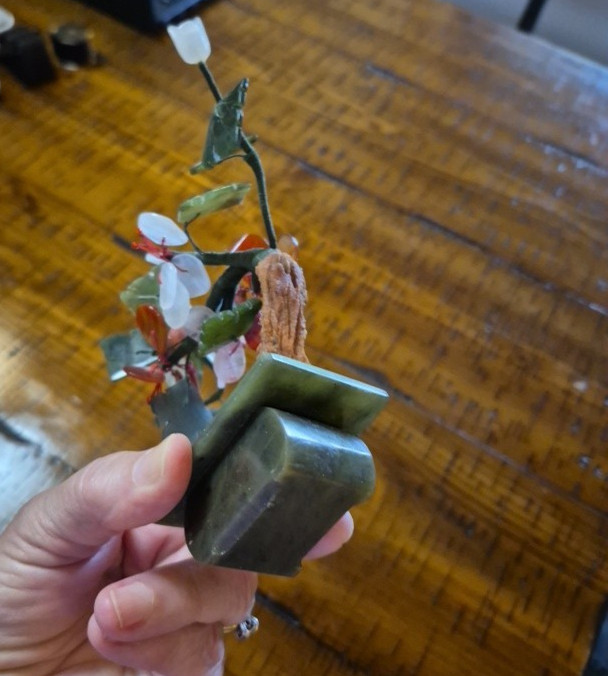 Jade Stone Bonsai Tree White Roses Carnelian Red Flowers Green Jade Leaves Base