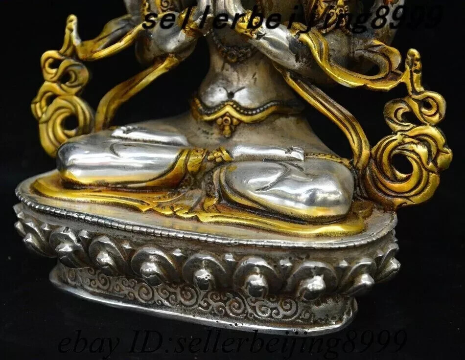8″ Tibet Silver Gilt 4 Arms Chenrezig Goddess Buddhas Avalokiteshvara God Statue