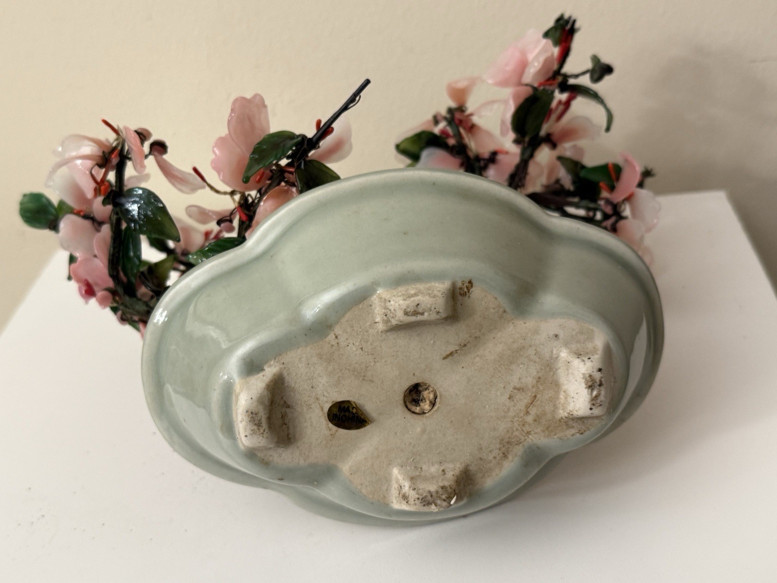 Vtg Asian Jade Glass Flowering Pink Cherry Blossom Bonsai Tree Ceramic Pot 8×9”