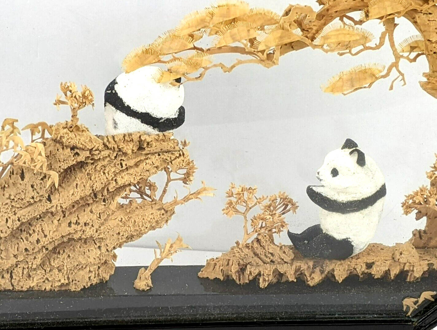 Chinese Oval Diorama Panda Bears Hand Carved Cork Trees Scene Lacquered Frame