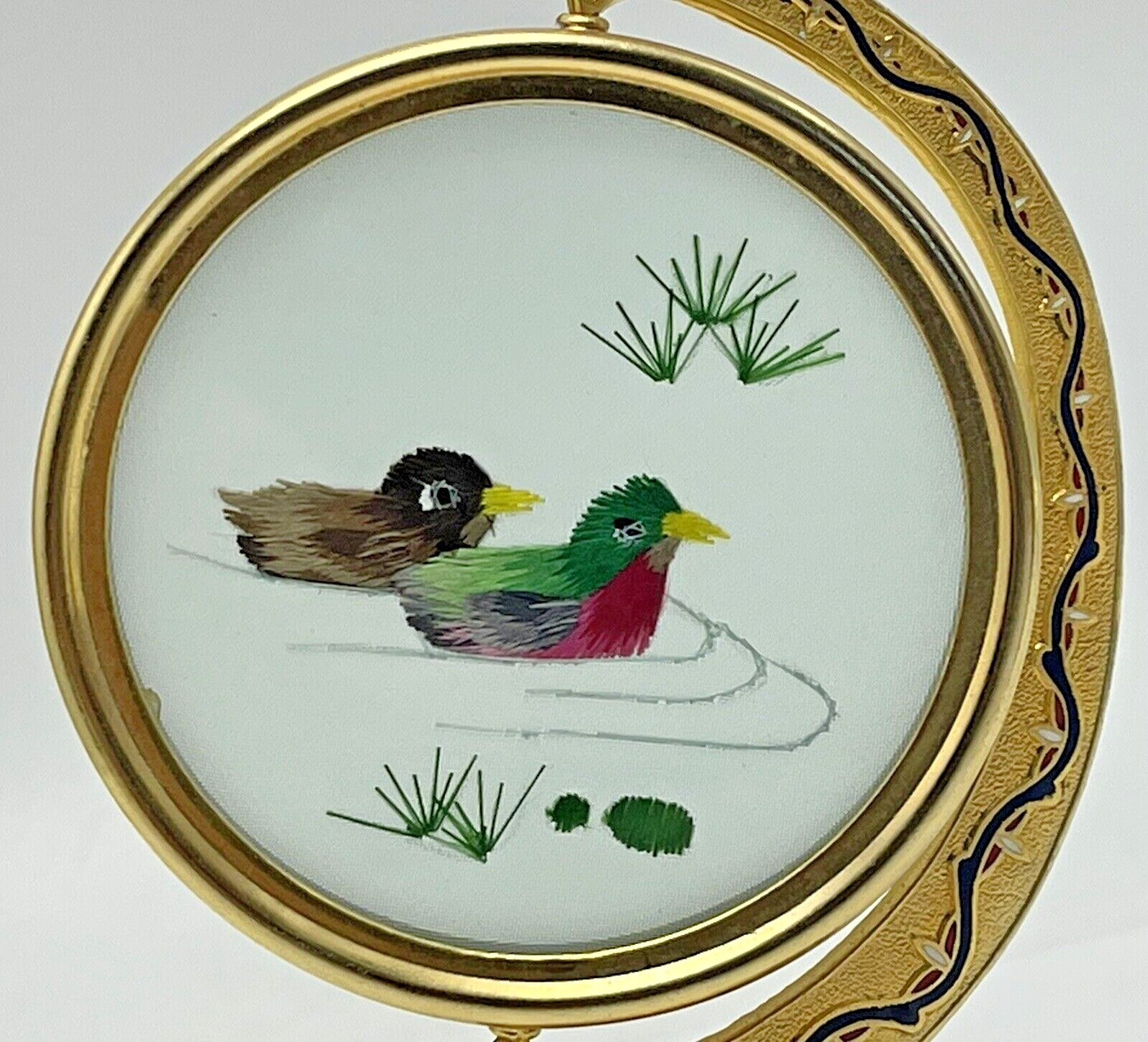 Asian Embroidered Silk Ducks in Brass Cloisonne Rotating Frame Painted Enamel