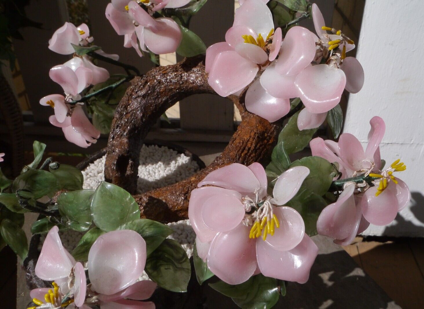 Jade Bonsai Tree Asian Chinese Japanese Art Glass Agate Pot Flowers VTG Dogwood?